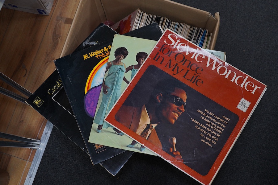 Sixty-eight LP record albums, mostly Motown related, artists including; Four Tops, Mary Wells, The Supremes, Stevie Wonder, Marvin Gaye, The Temptations, Mary Johnson, Gladys Knight and the Pips, etc. Condition - fair.